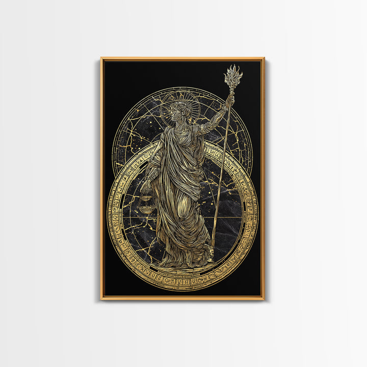 Divine Justice Canvas Gold Canvas Print, Goddess With Torch Wall Art, Mythological Decor, Real Wood Framed Elegant Artwork