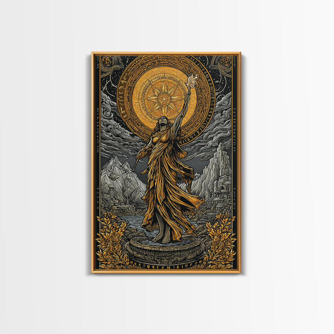 Celestial Goddess Canvas Gold Canvas Print, Mythology Wall Art, Radiant Female Figure Artwork, Real Wood Framed Luxurious Decor