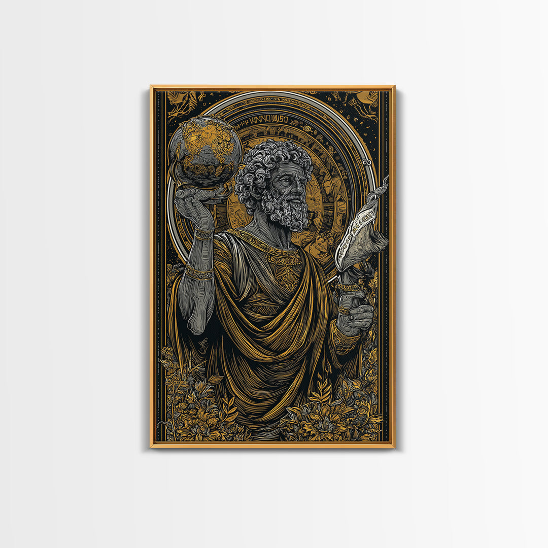Classical Philosopher Holding Globe Canvas Gold Canvas Print, Ancient Scholar Canvas Gold Art, Real Wood Framed Mythology Decor
