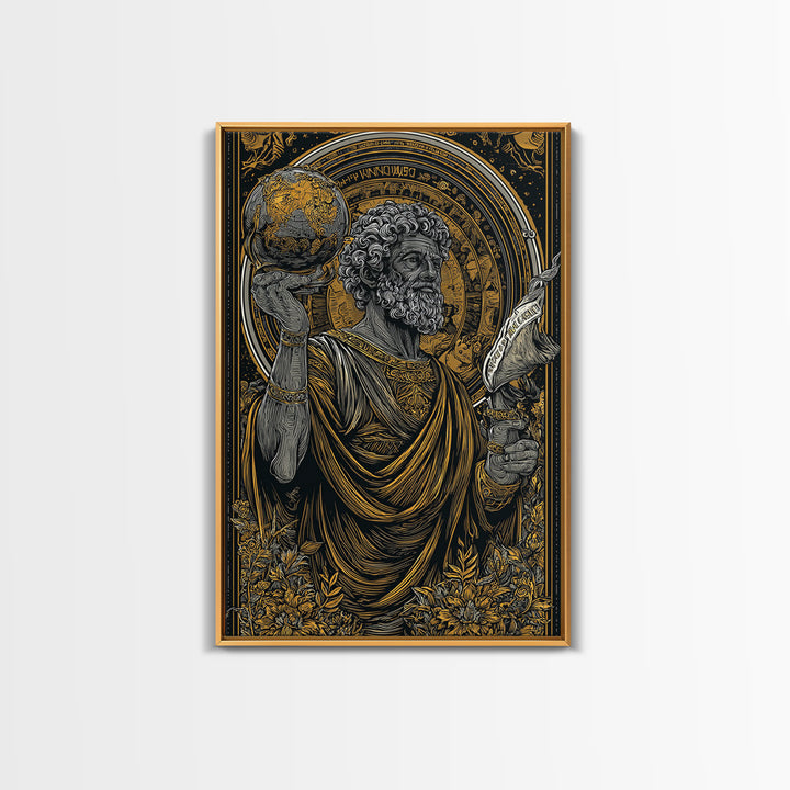 Classical Philosopher Holding Globe Canvas Gold Canvas Print, Ancient Scholar Canvas Gold Art, Real Wood Framed Mythology Decor