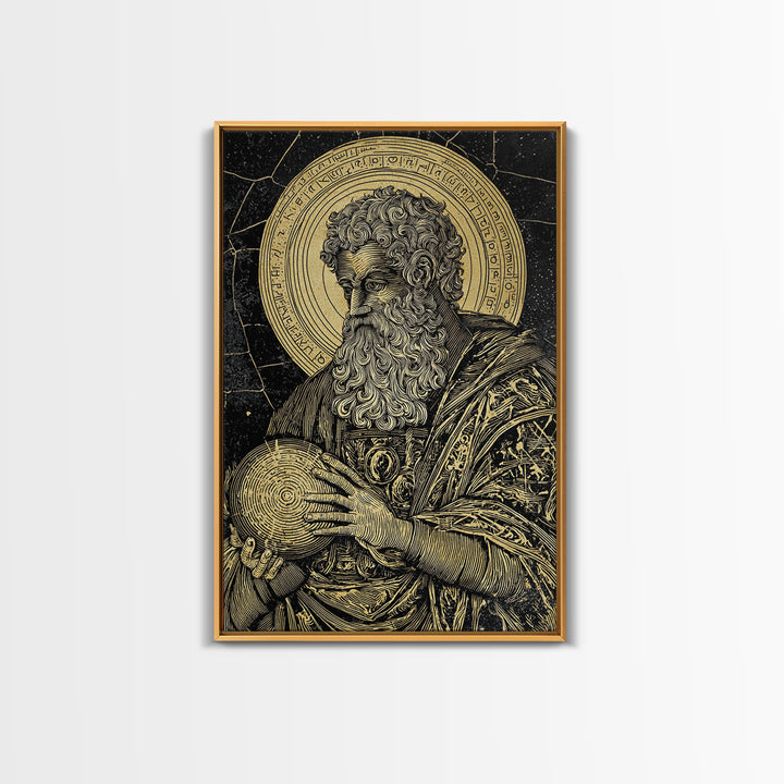 Ancient Philosopher Portrait Canvas Gold Canvas Print, Scholar With Cosmic Halo Canvas Gold Art, Real Wood Frame Historical Wall Art