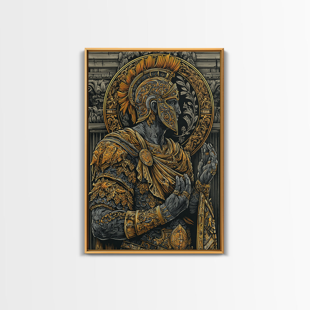 Roman General Warrior Canvas Gold Canvas Print, Gladiator Armor Portrait Canvas Gold Art, Real Wood Frame Classical Mythology Decor