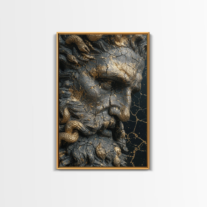 Mythological Sea God Bust Canvas Gold Canvas Print, Ancient Ocean Deity Canvas Gold Art, Real Wood Frame Classical Myth Sculpture