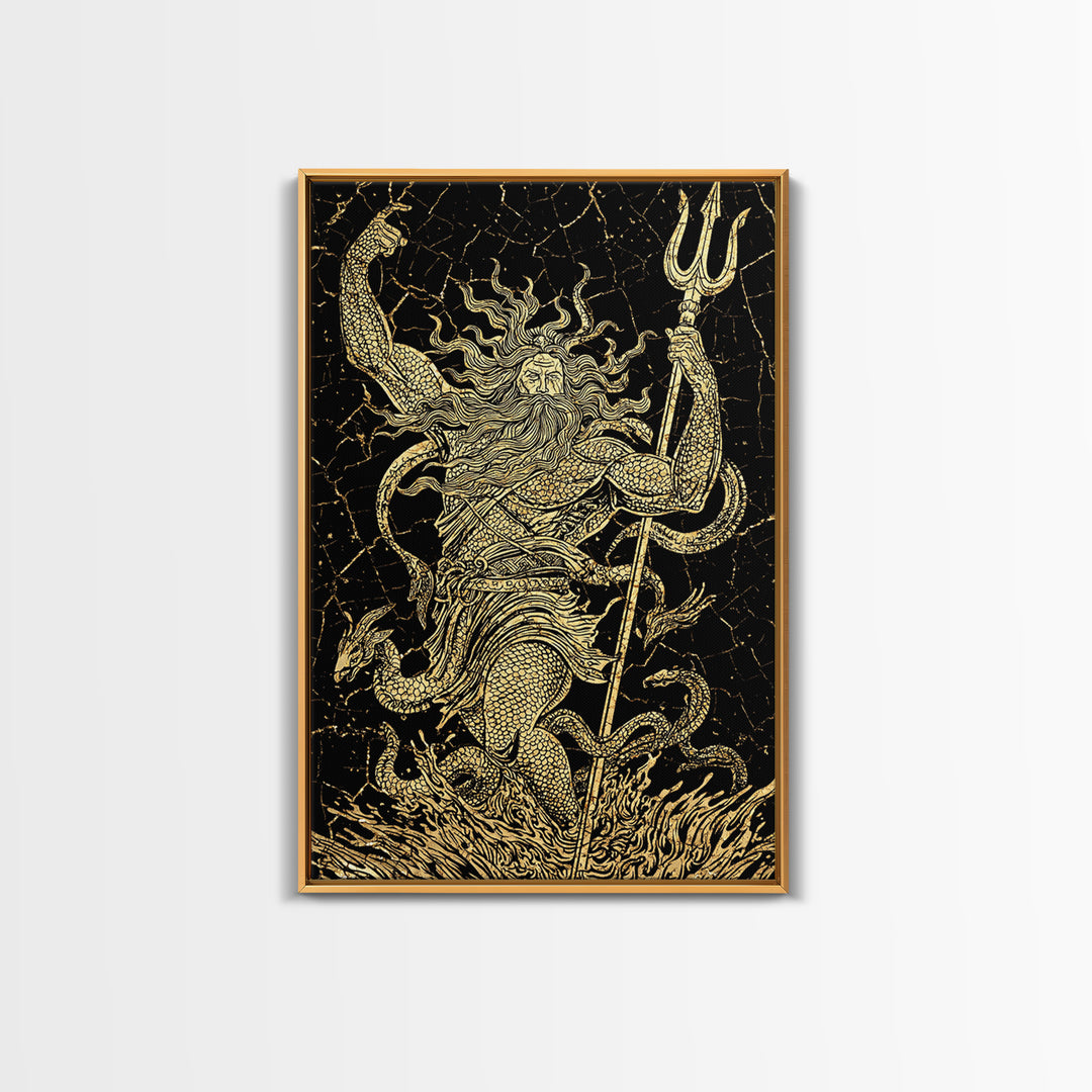 Poseidon Sea God With Serpent Canvas Gold Canvas Print, Ocean Deity With Trident Canvas Gold Art, Real Wood Frame Mythological Decor