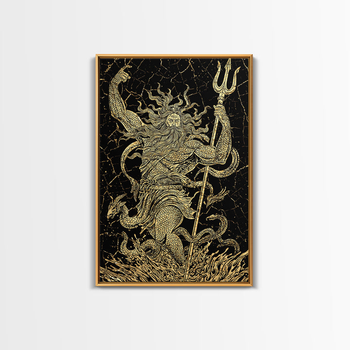 Poseidon Sea God With Serpent Canvas Gold Canvas Print, Ocean Deity With Trident Canvas Gold Art, Real Wood Frame Mythological Decor
