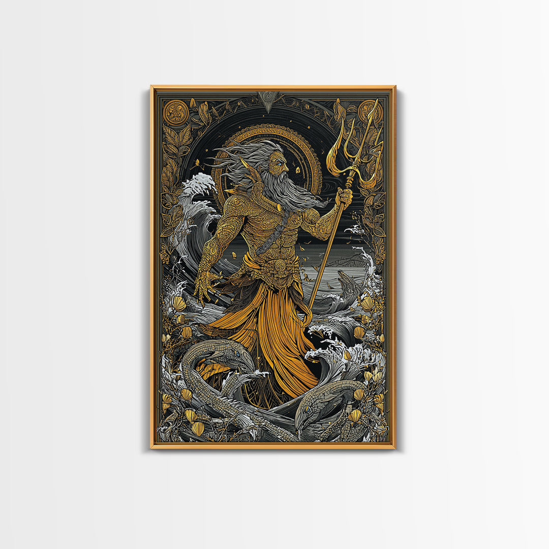 Poseidon Mythical Sea God Canvas Gold Canvas Print, Ocean Trident Warrior Canvas Gold Art, Real Wood Frame Ancient Mythology Decor