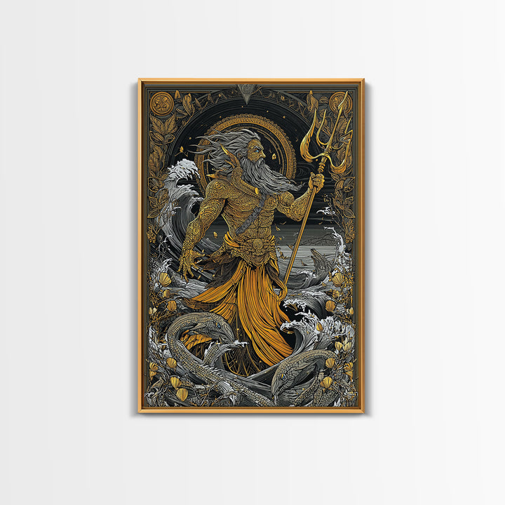 Poseidon Mythical Sea God Canvas Gold Canvas Print, Ocean Trident Warrior Canvas Gold Art, Real Wood Frame Ancient Mythology Decor