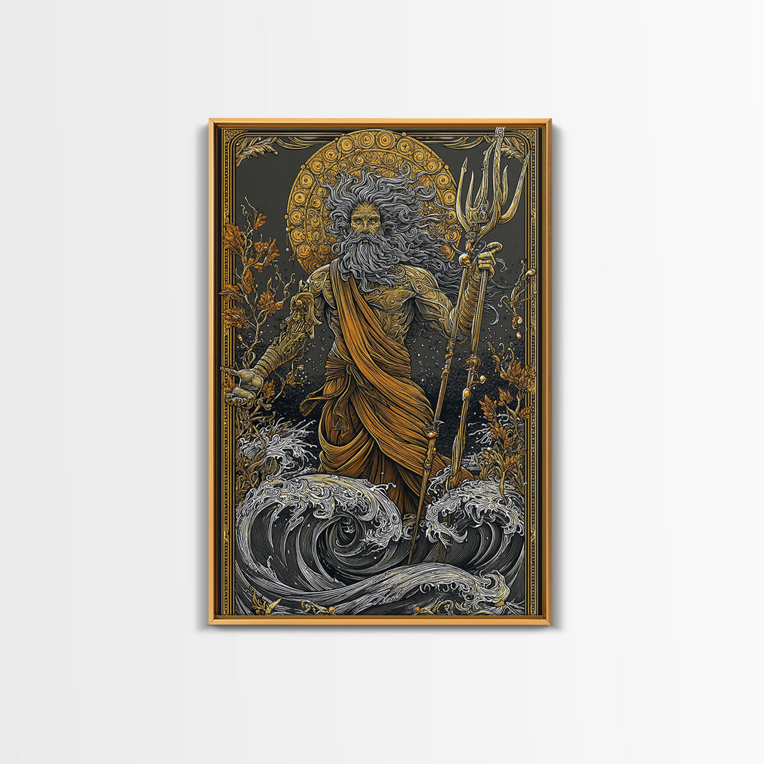 Poseidon Ocean God With Trident Canvas Gold Canvas Print, Mythical Sea Deity Canvas Gold Art, Real Wood Frame Mythology Wall Art