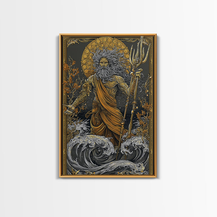 Poseidon Ocean God With Trident Canvas Gold Canvas Print, Mythical Sea Deity Canvas Gold Art, Real Wood Frame Mythology Wall Art
