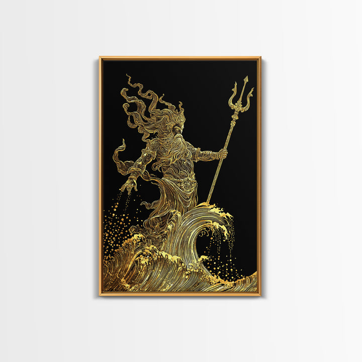 Poseidon Sea God Statue Canvas Gold Canvas Print, Ocean Deity With Waves Canvas Gold Art, Real Wood Frame Classical Mythology Decor