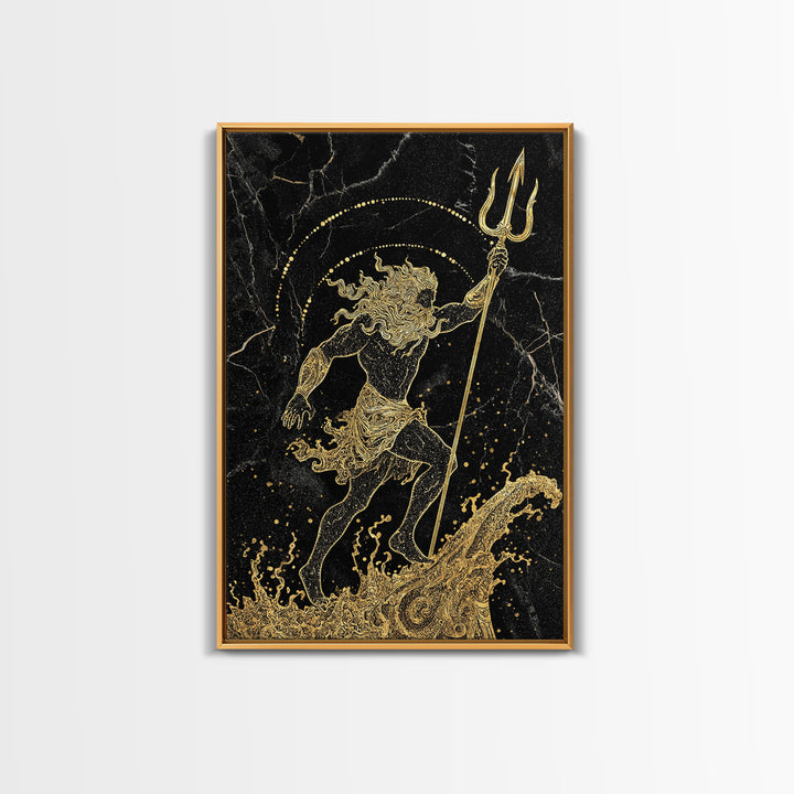Poseidon Ruler Of The Seas Canvas Gold Canvas Print, Ancient Trident God Canvas Gold Art, Real Wood Frame Mythological Wall Decor