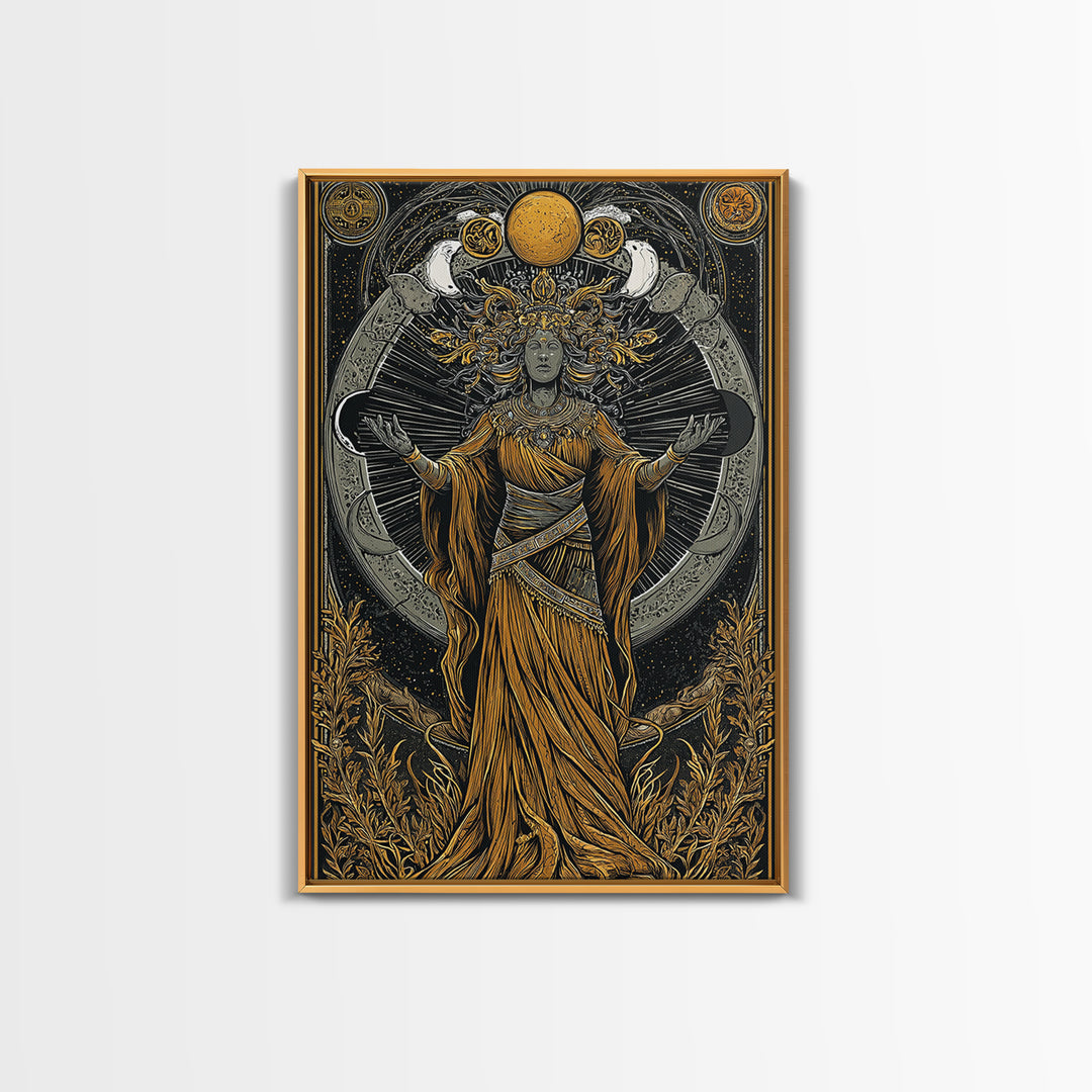 Selene Canvas Gold Canvas Print, Moon Goddess Art, Real Wood Frame, Mythology Wall Decor, Celestial Luxury Artwork