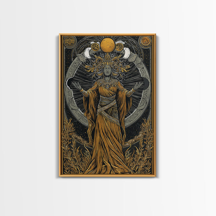 Selene Canvas Gold Canvas Print, Moon Goddess Art, Real Wood Frame, Mythology Wall Decor, Celestial Luxury Artwork