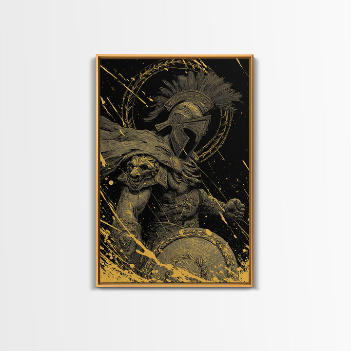 Ares Canvas Gold Canvas Print, Greek God Of War Art, Real Wood Frame, Warrior Decor, Mythology Luxury Canvas Artwork