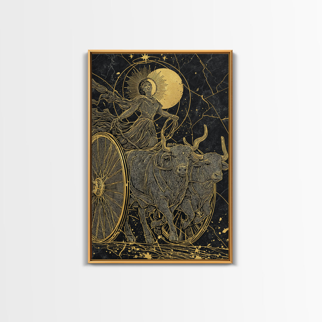 Selene Chariot Canvas Gold Canvas Print, Moon Goddess Art, Real Wood Frame, Mythology Decor, Celestial Canvas Artwork