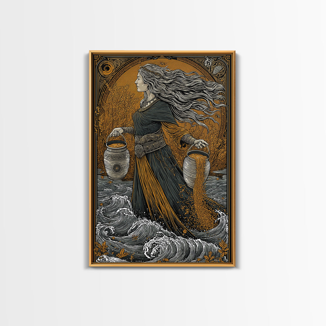 Aquarius Goddess Canvas Gold Canvas Print, Mythology Wall Art, Luxury Astrology Artwork, Real Wood Frame, Unique Home Decor