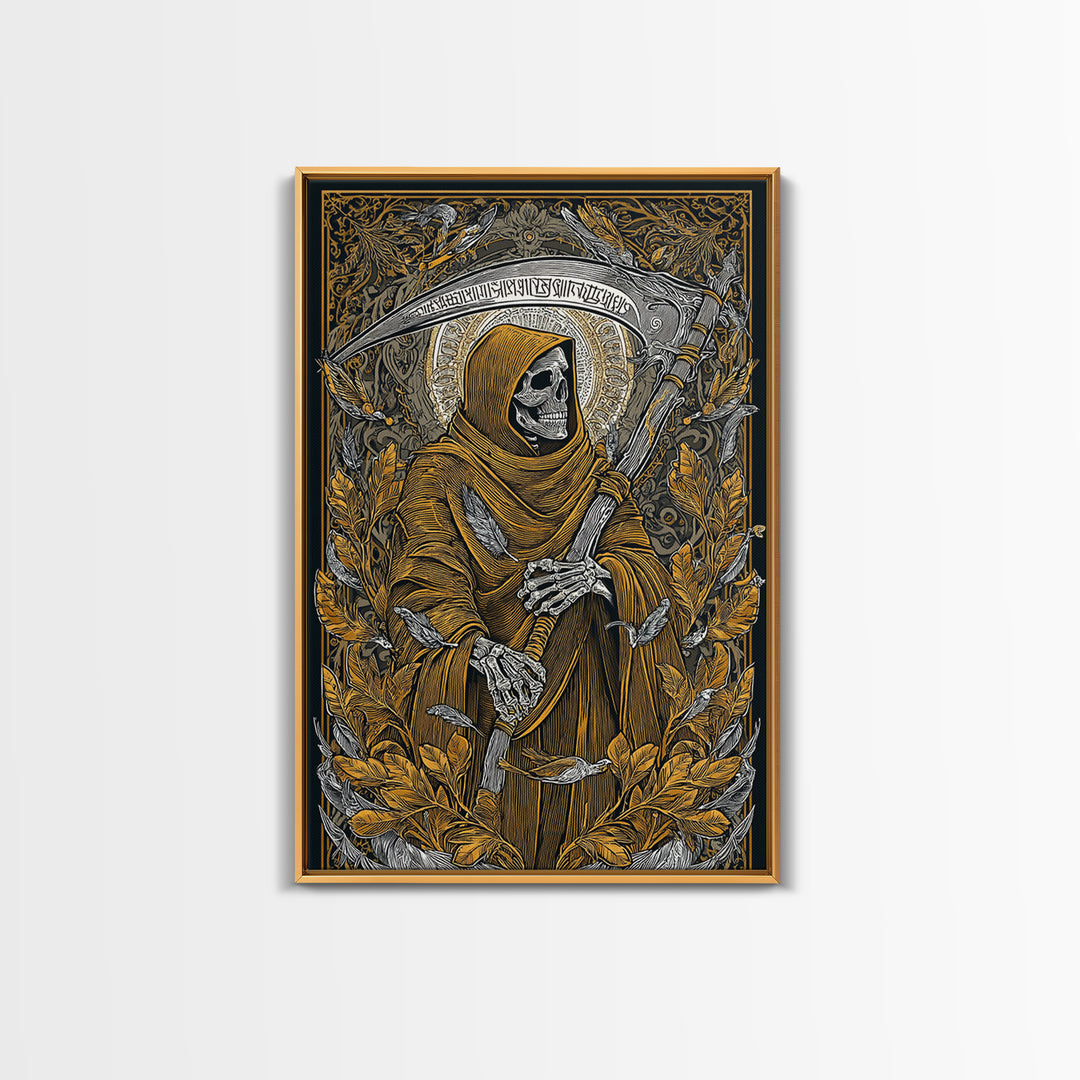 Grim Reaper Canvas Gold Canvas Print, Gothic Mythology Wall Art, Skeleton With Scythe Artwork, Real Wood Frame, Dark Decor