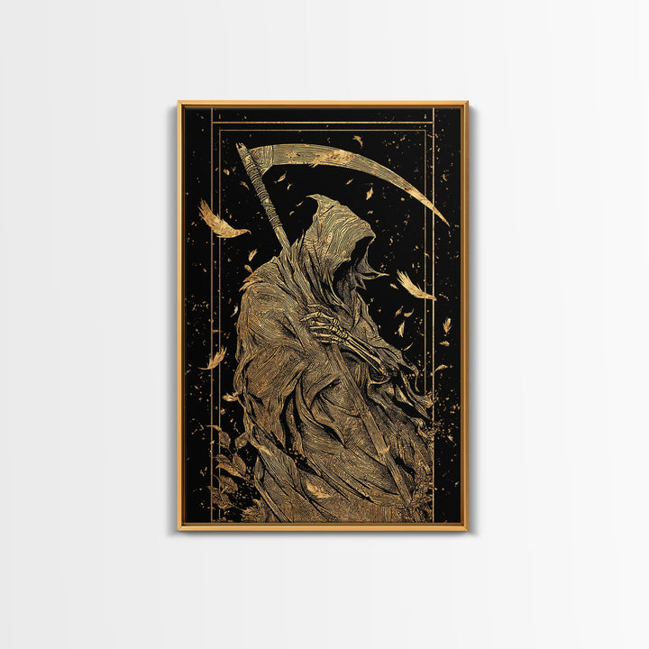 Death Figure Canvas Gold Canvas Print, Gothic Skeleton Wall Art, Grim Reaper Mythology Artwork, Real Wood Frame, Dark Decor