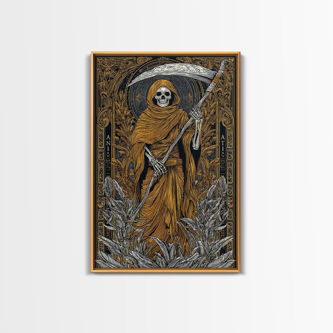 Hooded Skeleton Canvas Gold Canvas Print, Grim Reaper Gothic Wall Art, Dark Mythology Artwork, Real Wood Frame, Unique Decor