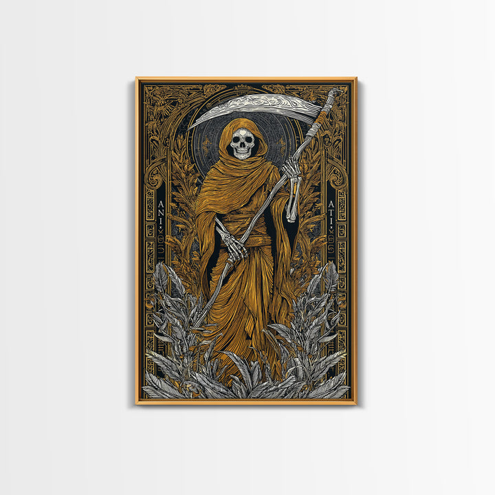 Hooded Skeleton Canvas Gold Canvas Print, Grim Reaper Gothic Wall Art, Dark Mythology Artwork, Real Wood Frame, Unique Decor