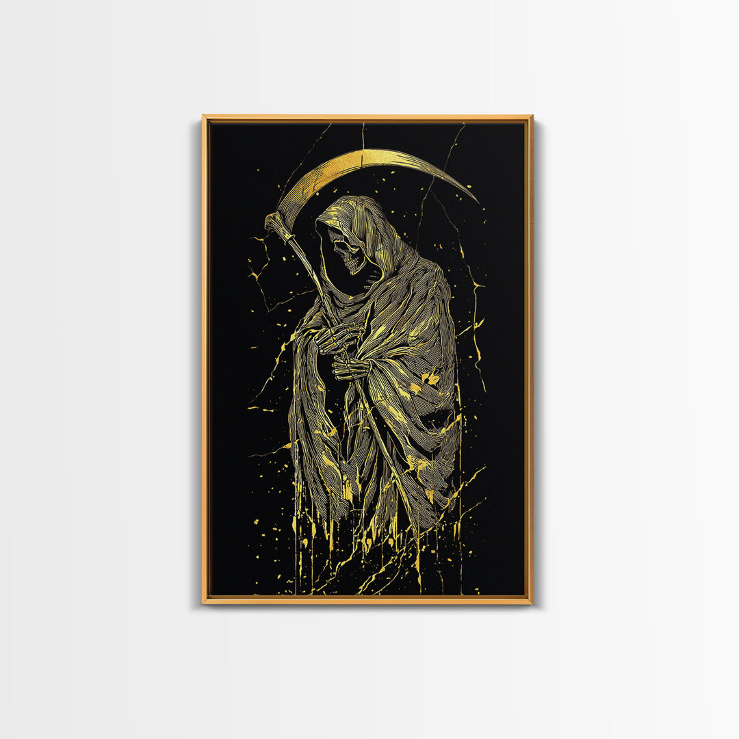 Skeleton With Scythe Canvas Gold Canvas Print, Gothic Mythology Artwork, Grim Reaper Wall Art, Real Wood Frame, Macabre Decor