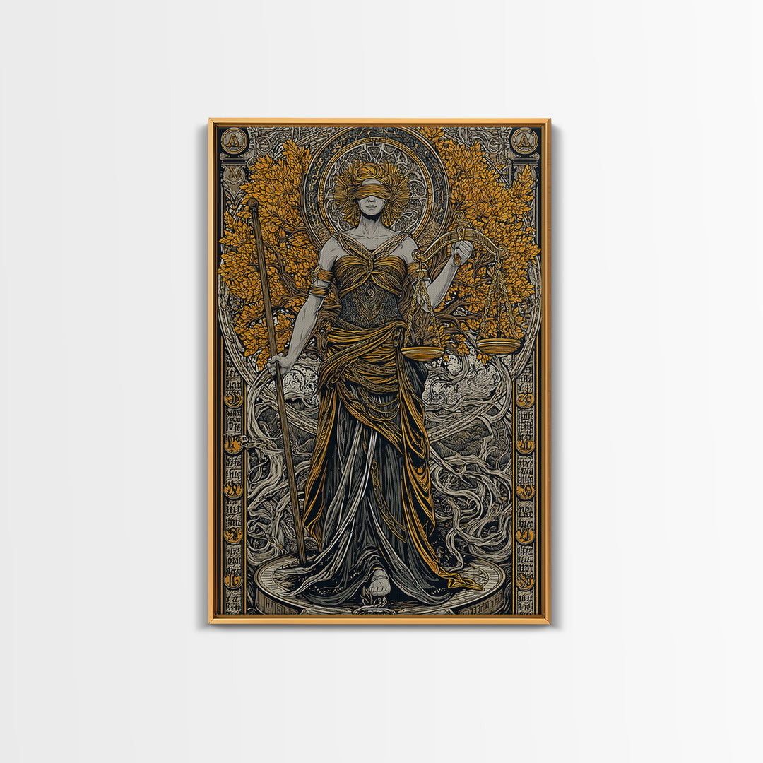Lady Justice Canvas Gold Canvas Print, Mythology Goddess Wall Art, Scales Of Justice Artwork, Real Wood Frame, Elegant Decor