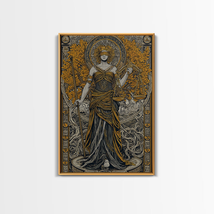 Lady Justice Canvas Gold Canvas Print, Mythology Goddess Wall Art, Scales Of Justice Artwork, Real Wood Frame, Elegant Decor