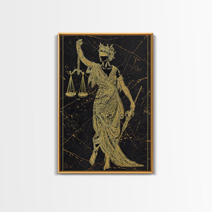 Justice Goddess Canvas Gold Canvas Print, Mythology Law And Order Wall Art, Balance Artwork, Real Wood Frame, Statement Decor