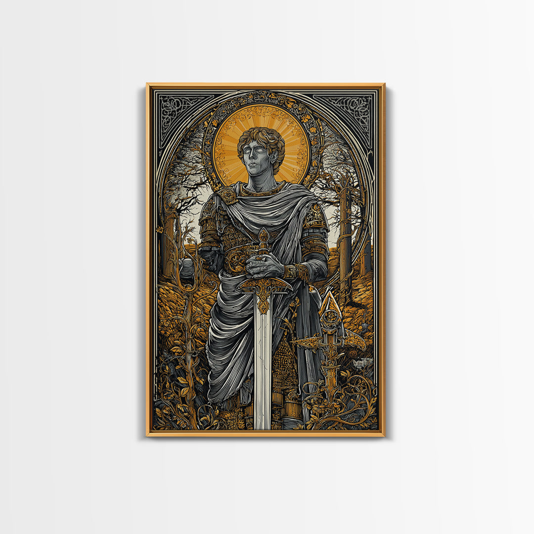 Roman Emperor Canvas Gold Canvas Print, Mythology Warrior Wall Art, Classical Sword Artwork, Real Wood Frame, Ancient Decor