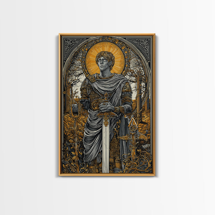 Roman Emperor Canvas Gold Canvas Print, Mythology Warrior Wall Art, Classical Sword Artwork, Real Wood Frame, Ancient Decor
