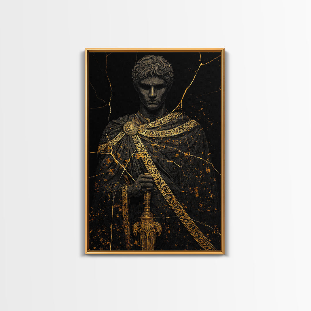 Gladiator Canvas Gold Canvas Print, Roman Warrior Wall Art, Ancient History Artwork, Mythology Inspired Home Decor, Real Wood Frame