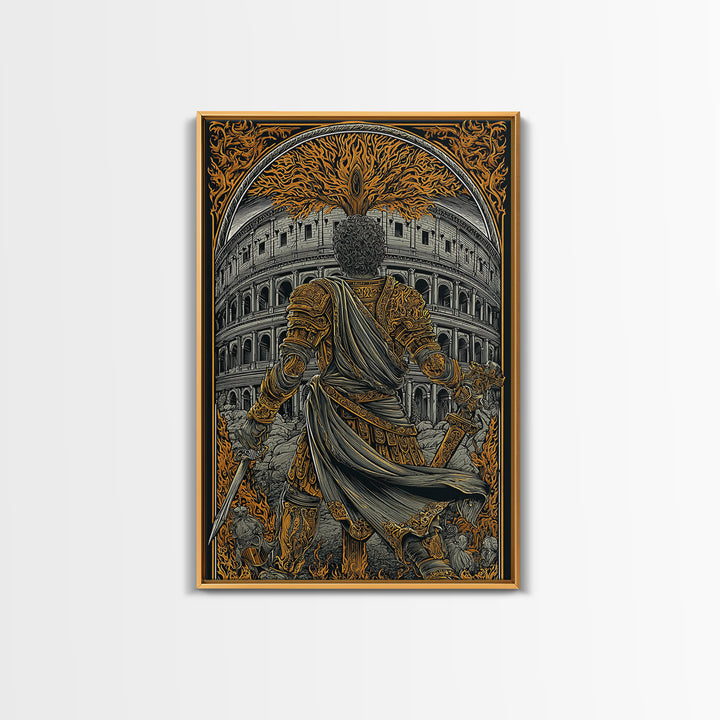 Ancient Rome Canvas Gold Canvas Print, Gladiator Wall Art, Myth Inspired Luxury Home Decor, Classical Warrior Artwork, Wood Frame