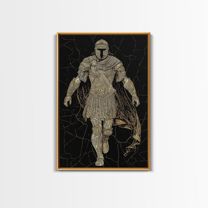 Heroic Roman Canvas Gold Canvas Print, Ancient Warrior Wall Art, Luxury Mythology Decor, Historical Emperor Artwork, Real Wood Frame
