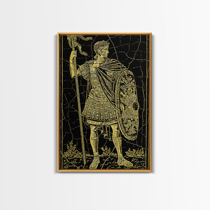 Roman Warrior With Shield, Canvas Gold Canvas Print, Mythology Inspired Wall Art, Real Wood Framed Artwork