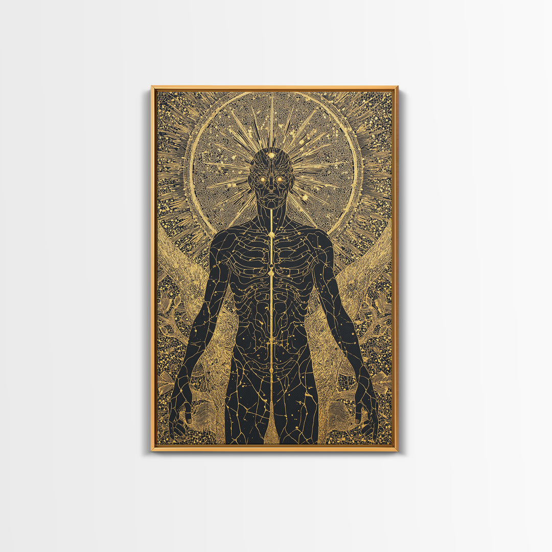 Celestial Radiance Figure, Canvas Gold Art, Mythological Cosmic Wall Print, Spiritual Decor With Real Wood Frame