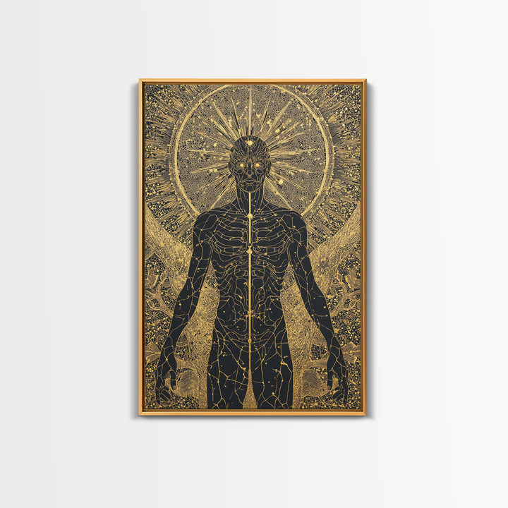 Celestial Radiance Figure, Canvas Gold Art, Mythological Cosmic Wall Print, Spiritual Decor With Real Wood Frame