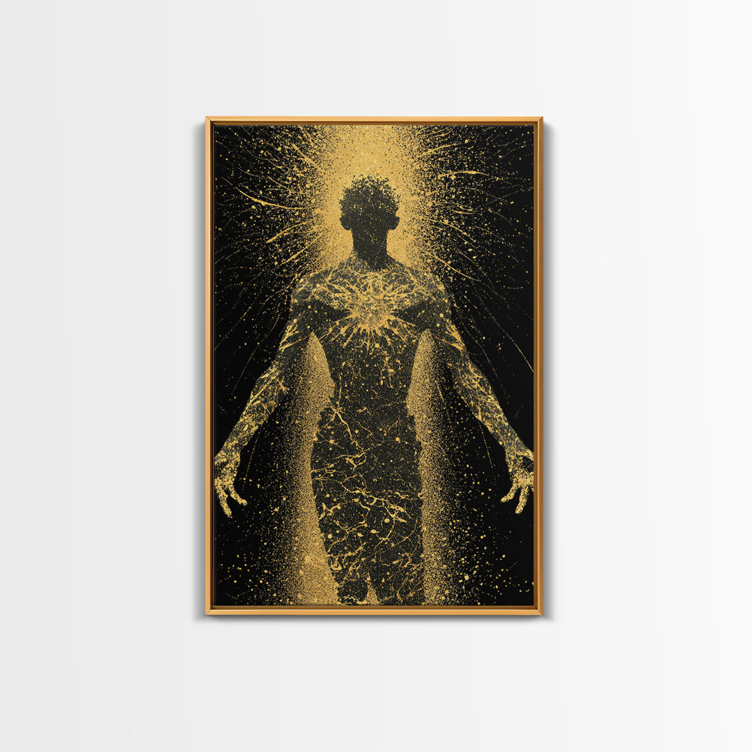 Golden Cosmic Silhouette, Canvas Gold Canvas Print, Abstract Mythology Inspired Wall Decor, Real Wood Frame