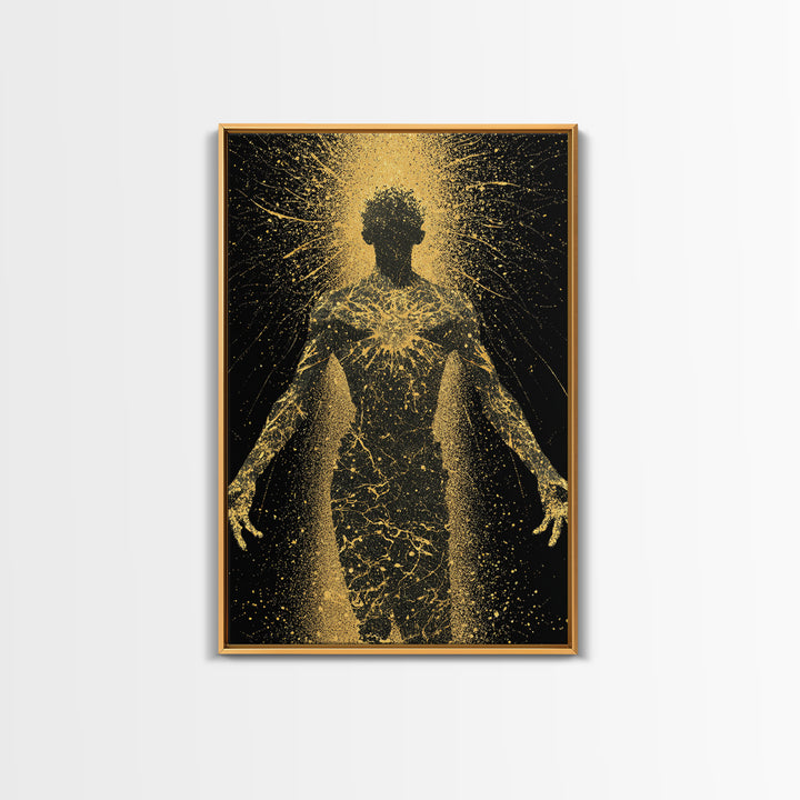 Golden Cosmic Silhouette, Canvas Gold Canvas Print, Abstract Mythology Inspired Wall Decor, Real Wood Frame