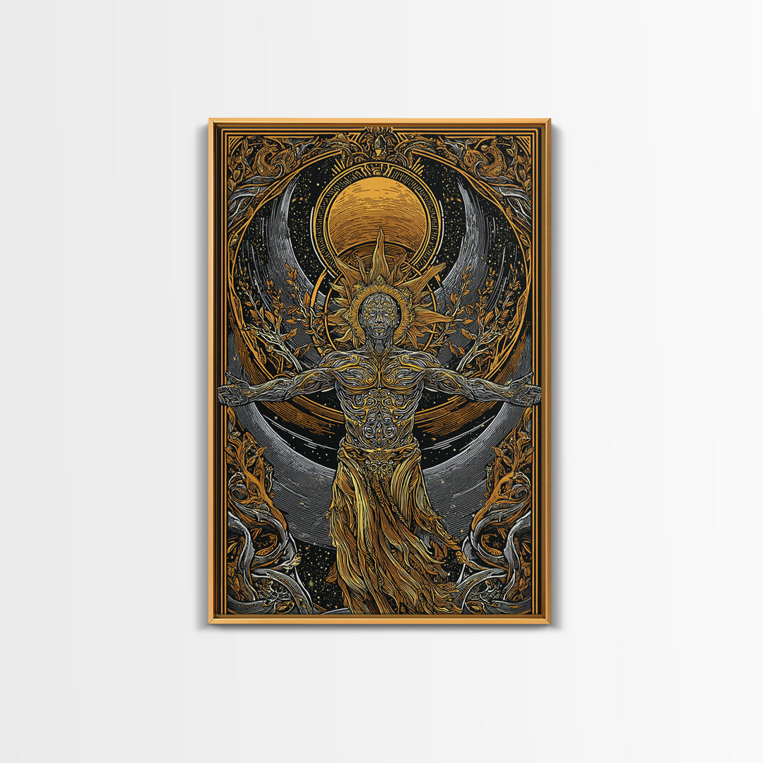 Divine Sun God Artwork, Canvas Gold Canvas Print, Mythology Inspired Celestial Wall Art, Real Wood Framed Print
