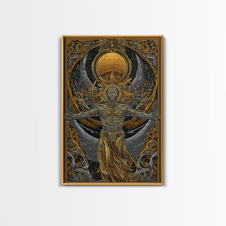 Divine Sun God Artwork, Canvas Gold Canvas Print, Mythology Inspired Celestial Wall Art, Real Wood Framed Print