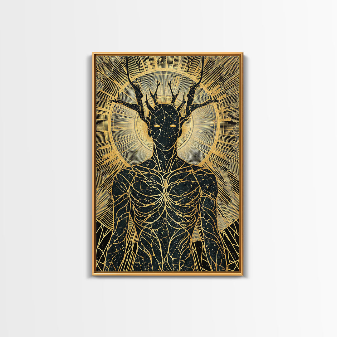 Mythic Antlered Deity, Canvas Gold Canvas Print, Cosmic Inspired Wall Art, Real Wood Frame For Elegant Decor