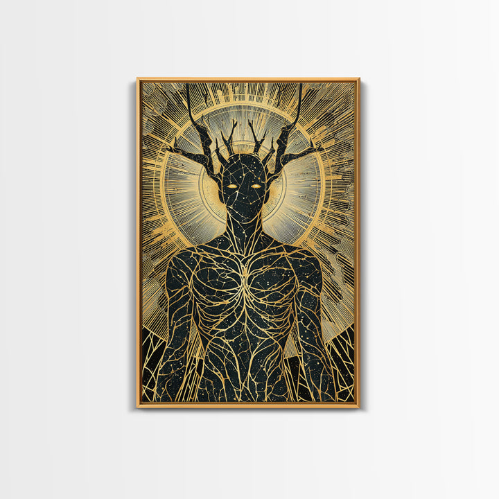Mythic Antlered Deity, Canvas Gold Canvas Print, Cosmic Inspired Wall Art, Real Wood Frame For Elegant Decor
