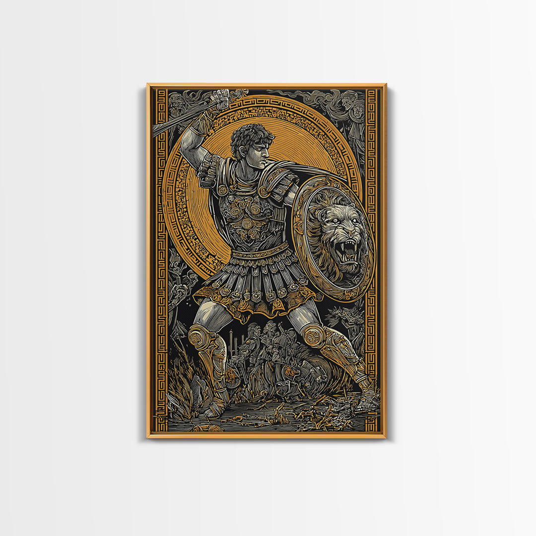 Warrior In Battle Scene, Canvas Gold Canvas Print, Ancient Mythology Inspired Wall Artwork, Real Wood Frame