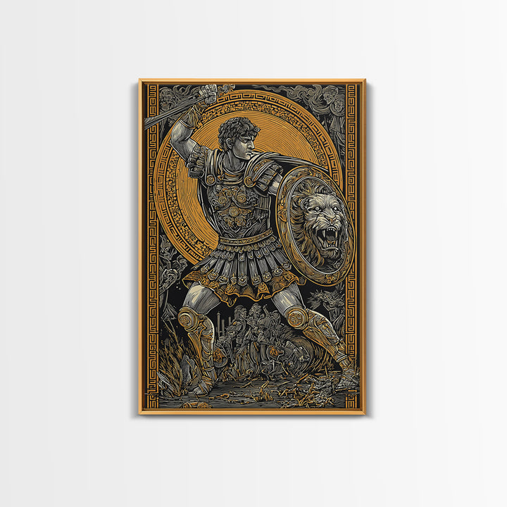Warrior In Battle Scene, Canvas Gold Canvas Print, Ancient Mythology Inspired Wall Artwork, Real Wood Frame