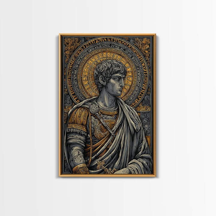 Emperor Portrait Artwork, Canvas Gold Canvas Print, Classical Roman Inspired Wall Decor, Real Wood Frame