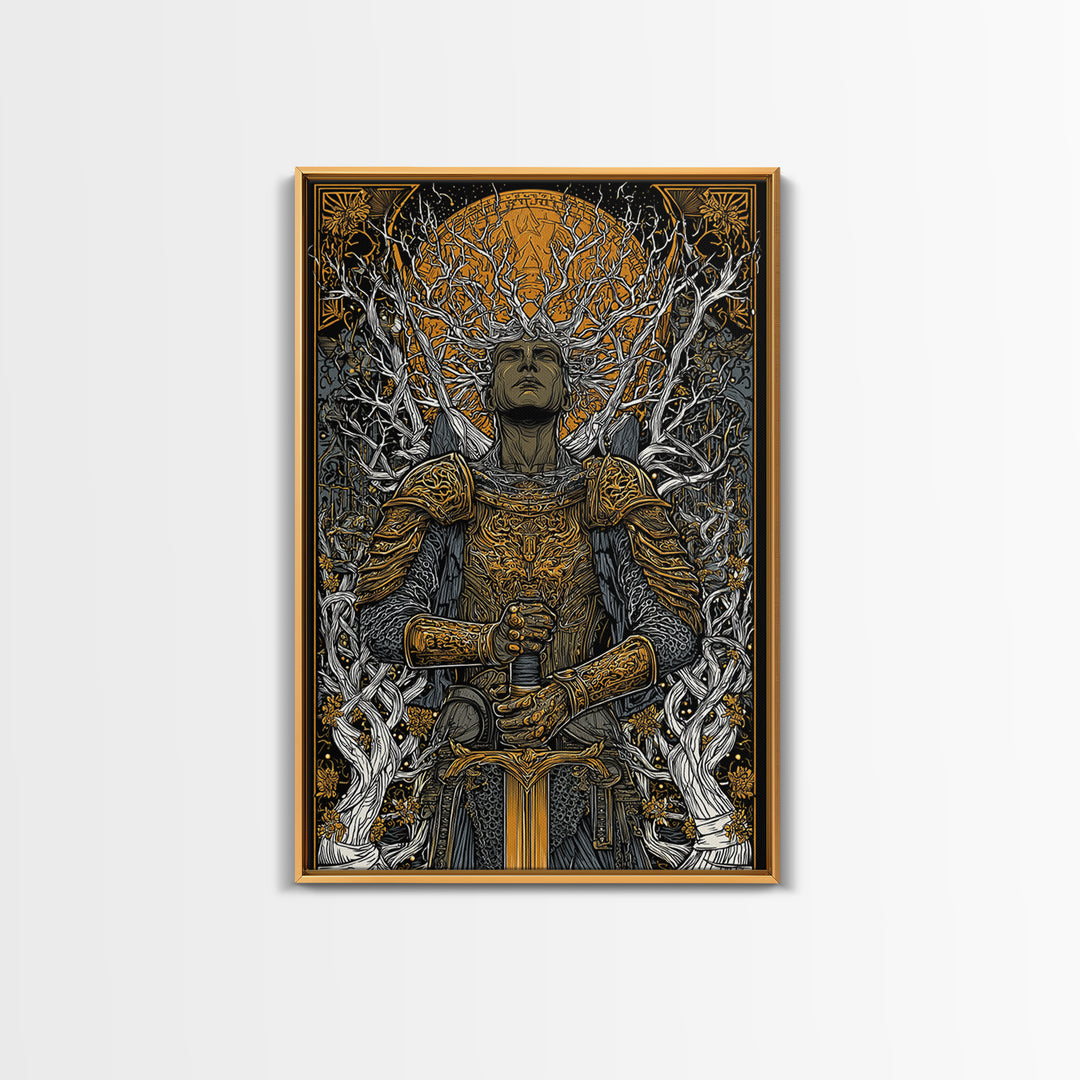 Mythic Guardian With Sword, Canvas Gold Art, Fantasy Inspired Warrior Wall Print, Real Wood Framed Wall Decor