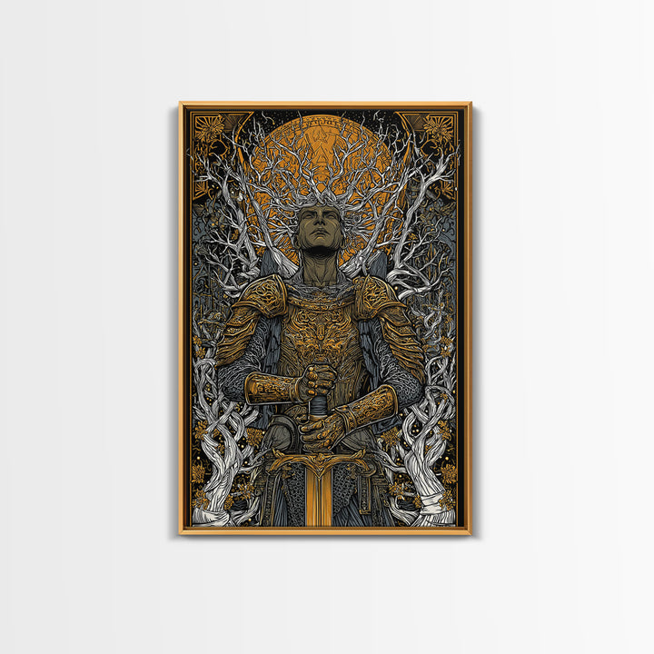 Mythic Guardian With Sword, Canvas Gold Art, Fantasy Inspired Warrior Wall Print, Real Wood Framed Wall Decor