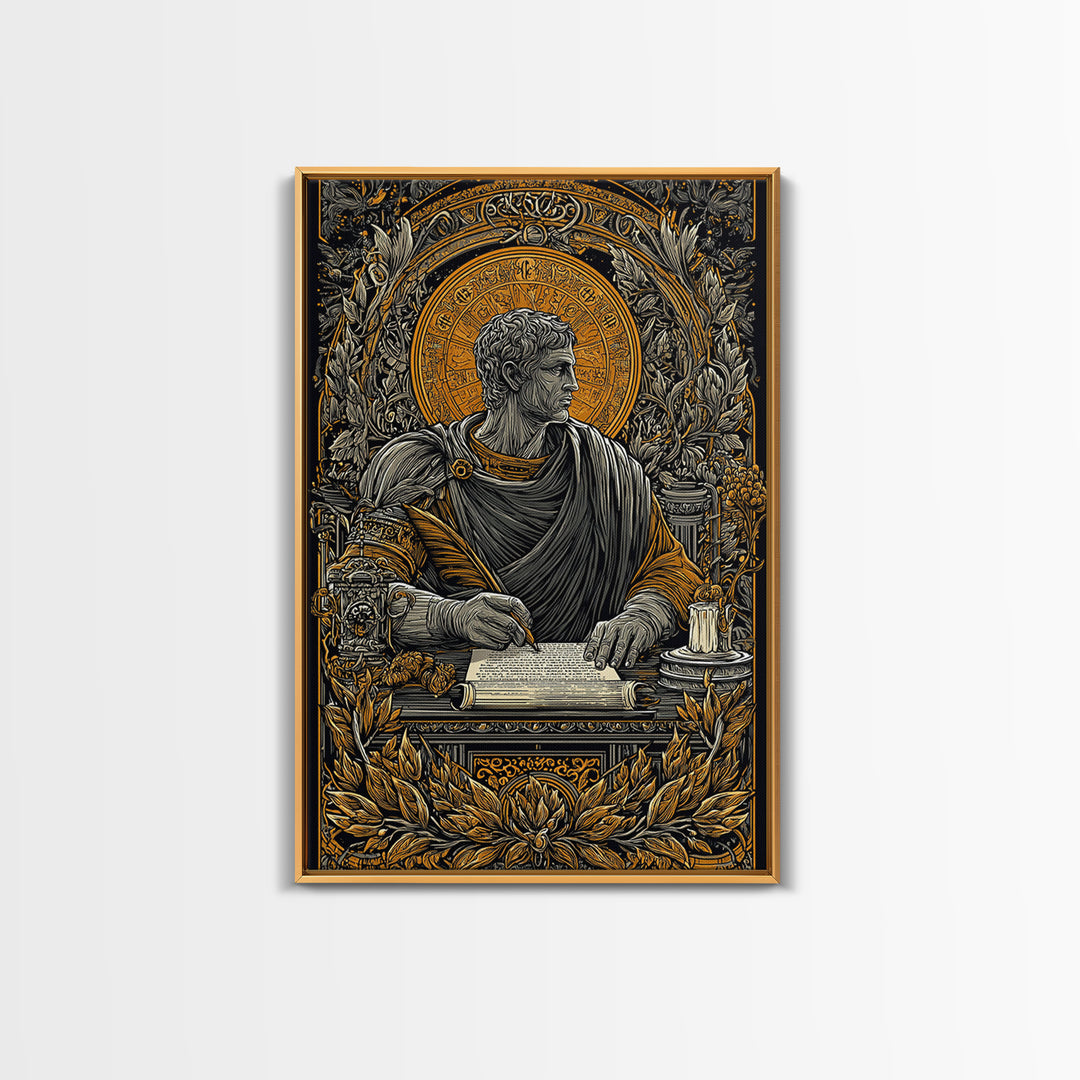 Roman Writer Canvas Gold Canvas Print, Ancient Scholar Wall Art, Mythology Decor, Luxury Canvas Artwork, Real Wood Frame