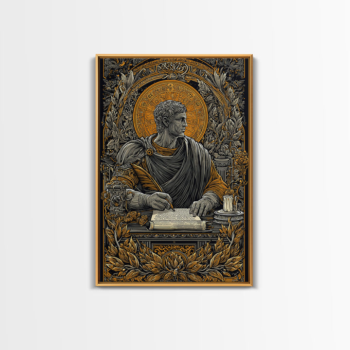 Roman Writer Canvas Gold Canvas Print, Ancient Scholar Wall Art, Mythology Decor, Luxury Canvas Artwork, Real Wood Frame