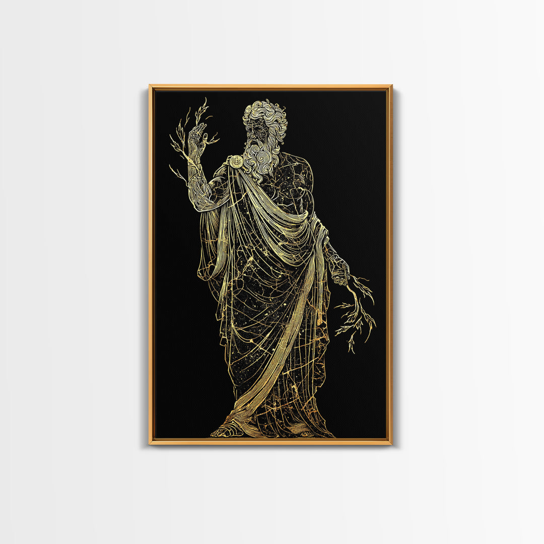 Greek God Canvas Gold Art, Zeus Mythology Wall Print, Lightning Power Decor, Luxury Canvas Artwork, Real Wood Frame